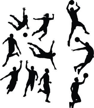 Collection of professional sports silhouettes featuring basketball and soccer players in dynamic action poses like dunking and diving
