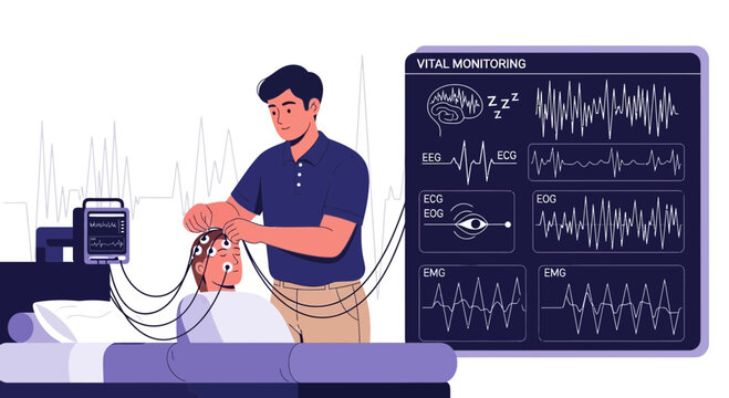 Sleep Study: Doctor Monitors Patient's Vital Signs During Polysomnography for Diagnosis