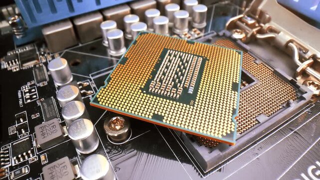 Central processing unit cpu chip placed over computer motherboard socket slot for hardware upgrade and system maintenance.