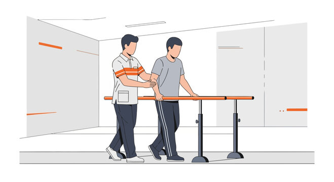 Physical therapist assisting patient walking with parallel bars for rehabilitation