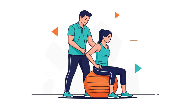 Physical therapist assisting patient with exercise ball for rehabilitation and fitness