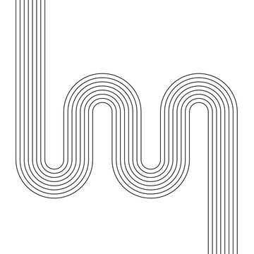 Contemporary artistic pattern with rhythmic parallel black lines creating winding pathways across transparent grid surface.