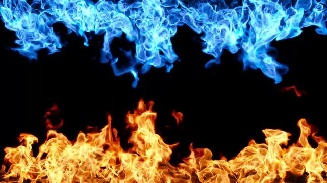 Double fire flames energy motion effect isolated on black backgrounds 3d renderings