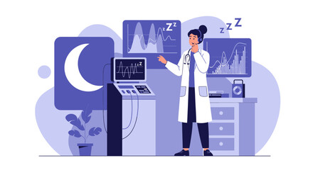 Fototapeta premium Doctor analyzing sleep study results with EEG monitors and moon icon