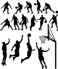 Professional basketball player silhouettes set featuring athletes in action poses including dribbling, shooting, slam dunking, and a basketball hoop © SreeRupali