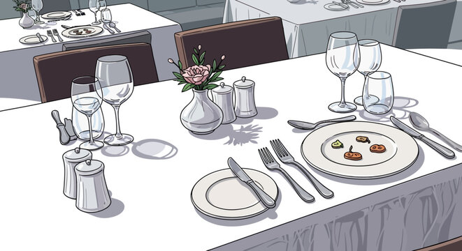 Elegant restaurant table set with wine glasses and plates