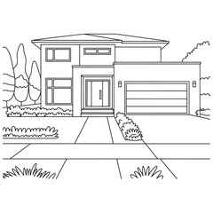Fototapeta premium Modern suburban home with double garage and front walkway