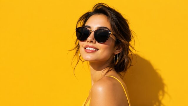 Young woman wearing sunglasses smiling against yellow backdrop