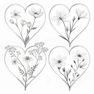 Four heart shaped frames with monochrome floral arrangements isolated on white background