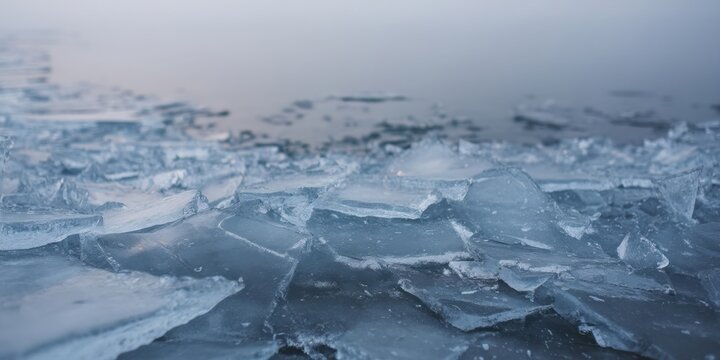 Chunks of ice sit on water in a cold location at dawn