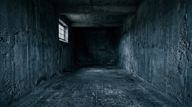 Dimly lit empty concrete room with dark blue tones and a small barred window in an industrial space
