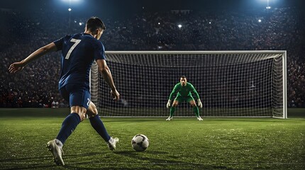 Naklejka premium Soccer Player Takes Penalty Shot Against Goalkeeper Dramatic Stadium Lighting