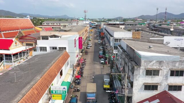 Aerial footage of Sattahip district located in Chomburi province.