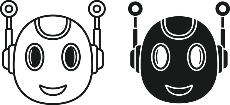 Robot face icon set outline and solid black versions