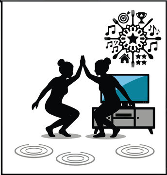Silhouettes of Dancers with Sound Notes and Award Icons Around a Computer Monitor in Flat Vector