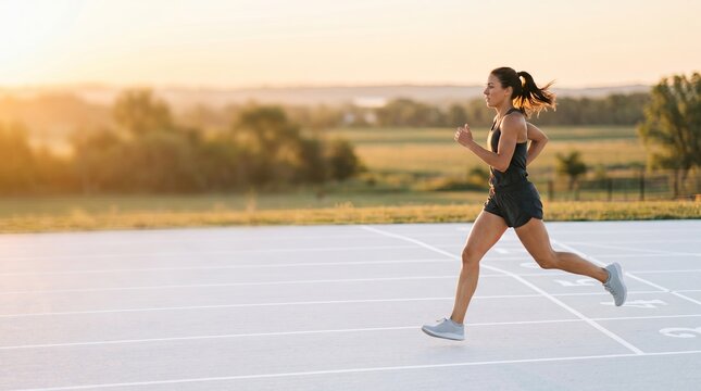 Young woman jogging on running track at sunset, side view of active fitness workout during golden hour, healthy lifestyle training in nature