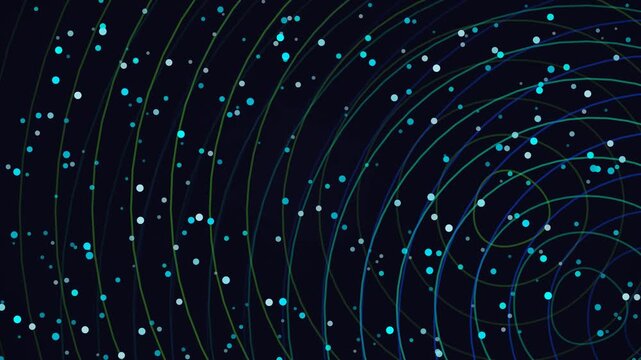 Abstract dark space background with glowing purple stars and sparkling particle trails in symmetric pattern