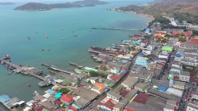 Aerial footage of Sattahip district located in Chomburi province.