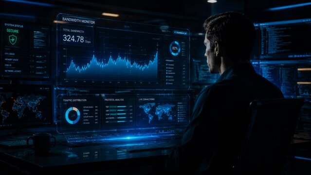 Man seated at a dark control room console studies multiple illuminated dashboards showing bandwidth graphs, global maps, and performance metrics. Cool blue