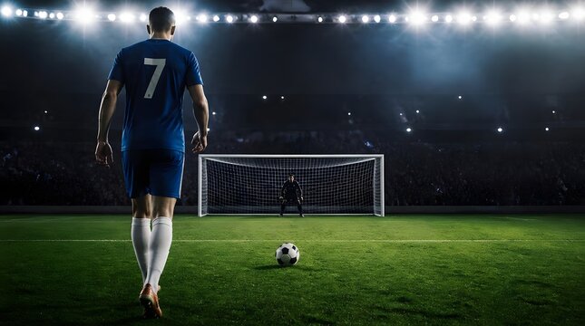 Soccer Player with Number 7 Jersey Approaches Ball for Penalty Kick Against Goalkeeper
