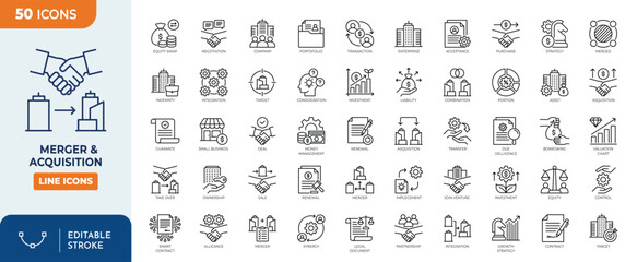 Naklejka premium Merger and Acquisition Icon set. Containing business, merger, acquisition, Integration, partnership, Takeover, Deal, Purchase, Negotiation, and more. editable stroke. Vector illustration