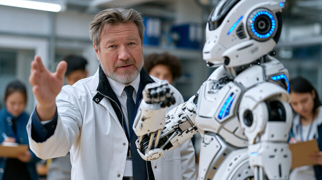 Robotics instructor demonstrating a pick-and-place motion to a humanoid learner robot in a vocational training center, the machine's joint actuators replicating each move with a slight delay as stud