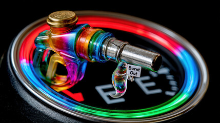 Naklejka premium Macro studio photography conceptual automotive fuel nozzle gauge colorful burnout fuel nozzle on gauge with colorful ring conveying burnout stress concept in macro studio photography