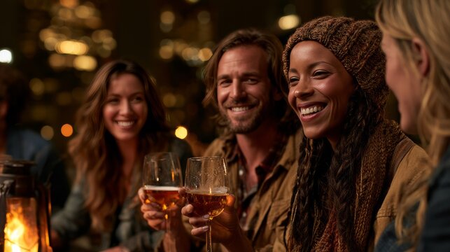Friends enjoying drinks and conversation outdoors at night with warm lighting