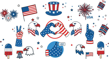 American patriotic vector elements collection featuring flag pattern hand gestures bald eagle liberty bell and decorative stars in a clean minimal white background © Mon