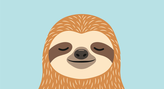 Adorable sloth character face with a very happy smiling expression and closed eyes on a soft light blue background for relaxation.