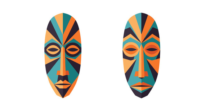 Two colorful African tribal masks with geometric patterns and vibrant orange, teal, and black colors are displayed as art pieces.