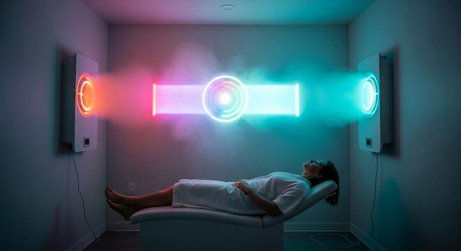 Woman resting on reclined bed experiencing chromotherapy with vibrant glowing light display in a modern spa room