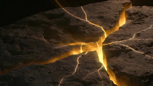 Glowing molten fissures spreading across cracked rock surface in dramatic style on dark backdrop, concept of energy and power