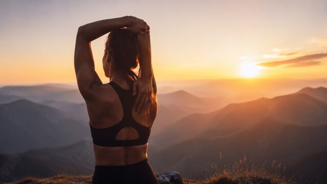 Athletic woman doing a cross-body arm stretch for shoulder mobility, set against a sunset mountain landscape during her outdoor fitness routine