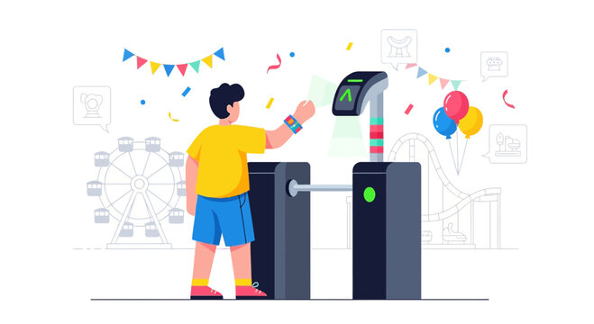 Boy uses smart wristband to scan entry ticket at amusement park turnstile