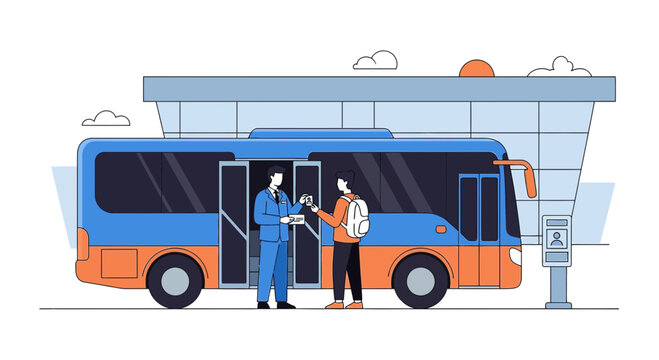 Bus boarding illustration: passenger paying fare to driver at station