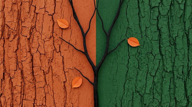 Split Image Showing Tree Bark Texture Contrasting Autumn and Spring Seasons.