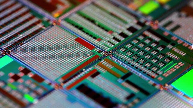 Close up microscopic view of silicon wafer with intricate circuit patterns and colorful reflections.