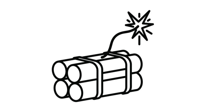 Bundle of dynamite sticks with a lit fuse and a bright spark, symbolizing danger and explosive power in a simple line art style.