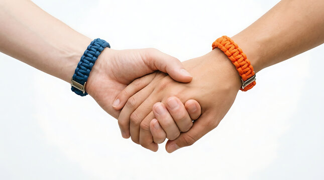 Two Hands Holding Each Other Wearing Paracord Bracelets Isolated on a White Background