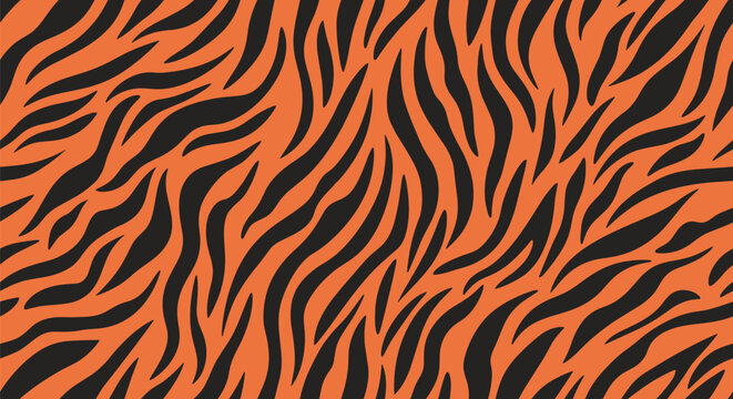 Vibrant seamless tiger stripe pattern in orange and black, perfect for animal themed designs, fashion, and wild nature backgrounds.