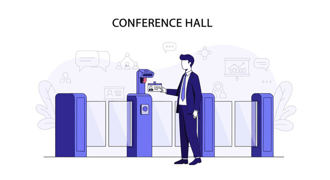 Business conference entry, man scanning badge at modern security gate