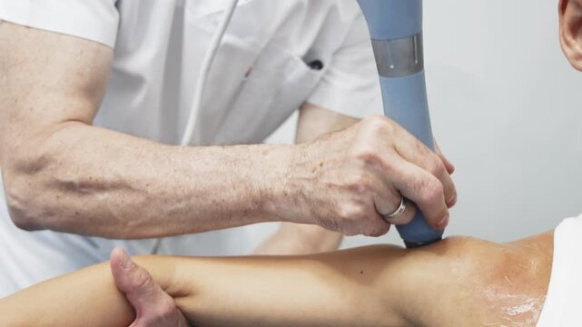 Woman undergoing non-invasive shockwave treatment in rehabilitation center. Concept recovery, physiotherapy and orthopedic care.
