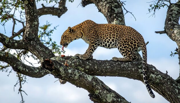Spotted Leopard Walking Along Thick Tree Branch in African Savanna