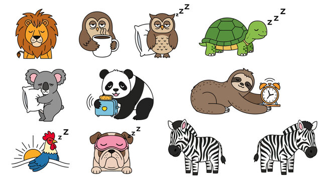 Sleepy and morning routine cartoon animal characters set