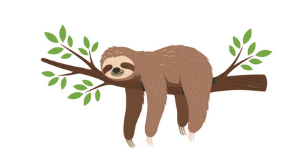Naklejka premium Adorable brown sloth sleeping peacefully while hanging from a leafy tree branch is illustrated in a charming cartoon style for relaxation.
