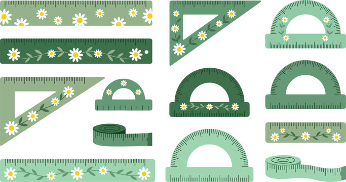 Floral ruler and measuring tool collection featuring daisy decorated rulers protractors set squares and tape measures