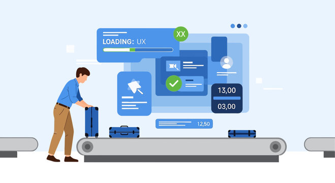 Airport UX Loading Screen: Man with Luggage on Conveyor Belt