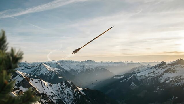 Wooden arrow flying above a snow capped mountain range &ndash; Perfect for ambitious expansion, reaching goals, or archery sports.