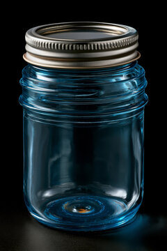 Empty blue glass jar with a silver metal lid on a dark background